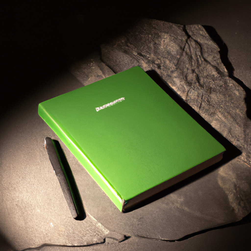 Minimalist notebook and pen with green rock texture, soft shadow
