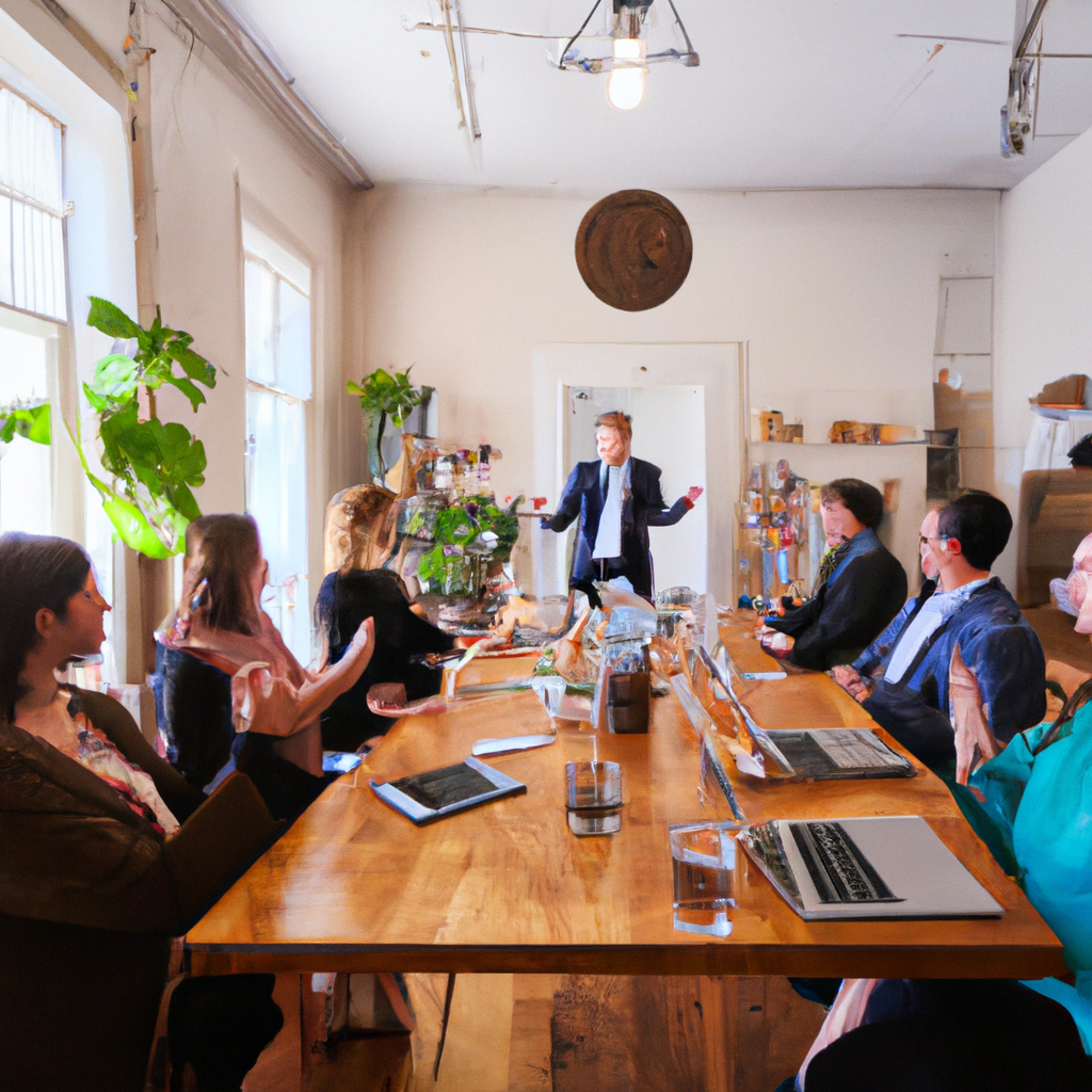 Modern leader asking questions at a round table, soft light with plants